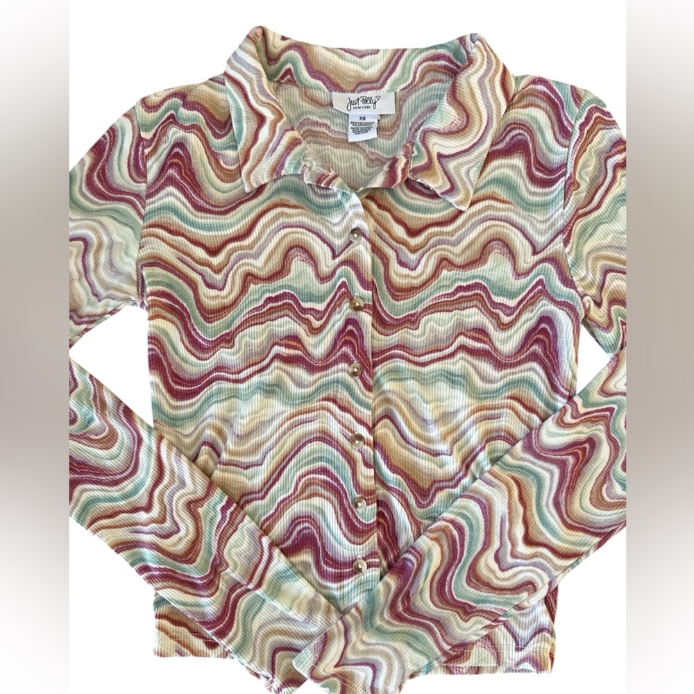 Just Polly NY Swirl Print Mesh Top XS Y2K Button Front Sheer Retro Wavy Top